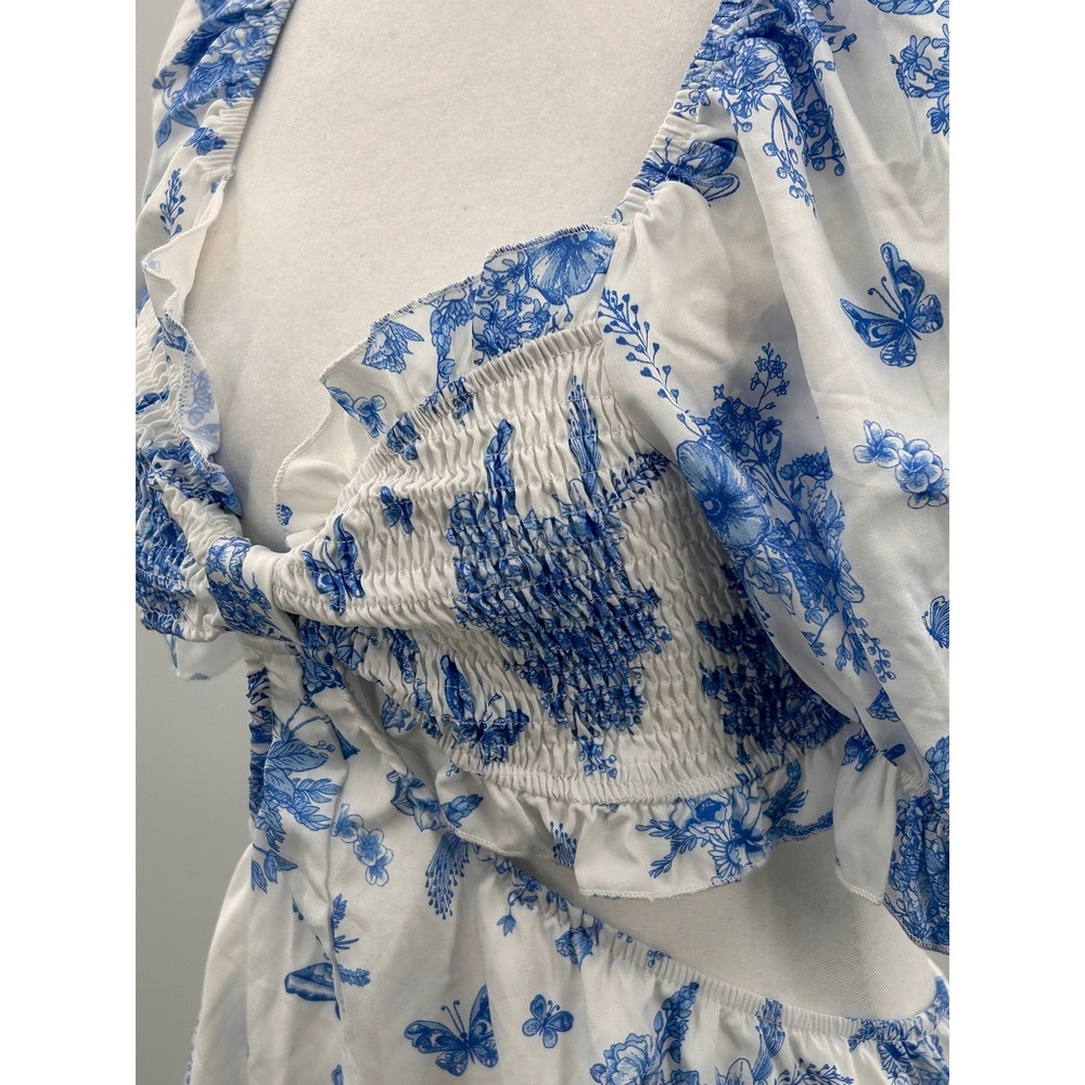 Womens Blue White Floral Cutout Mini Dress Puff Sleeve Cottagecore Boho Dress - Picture 6 of 14
